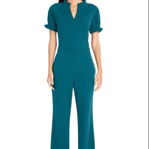 Maggy London Womens Teal Short Ruffle Sleeve Wide Leg Jumpsuit Sz 10 Zip Sleek